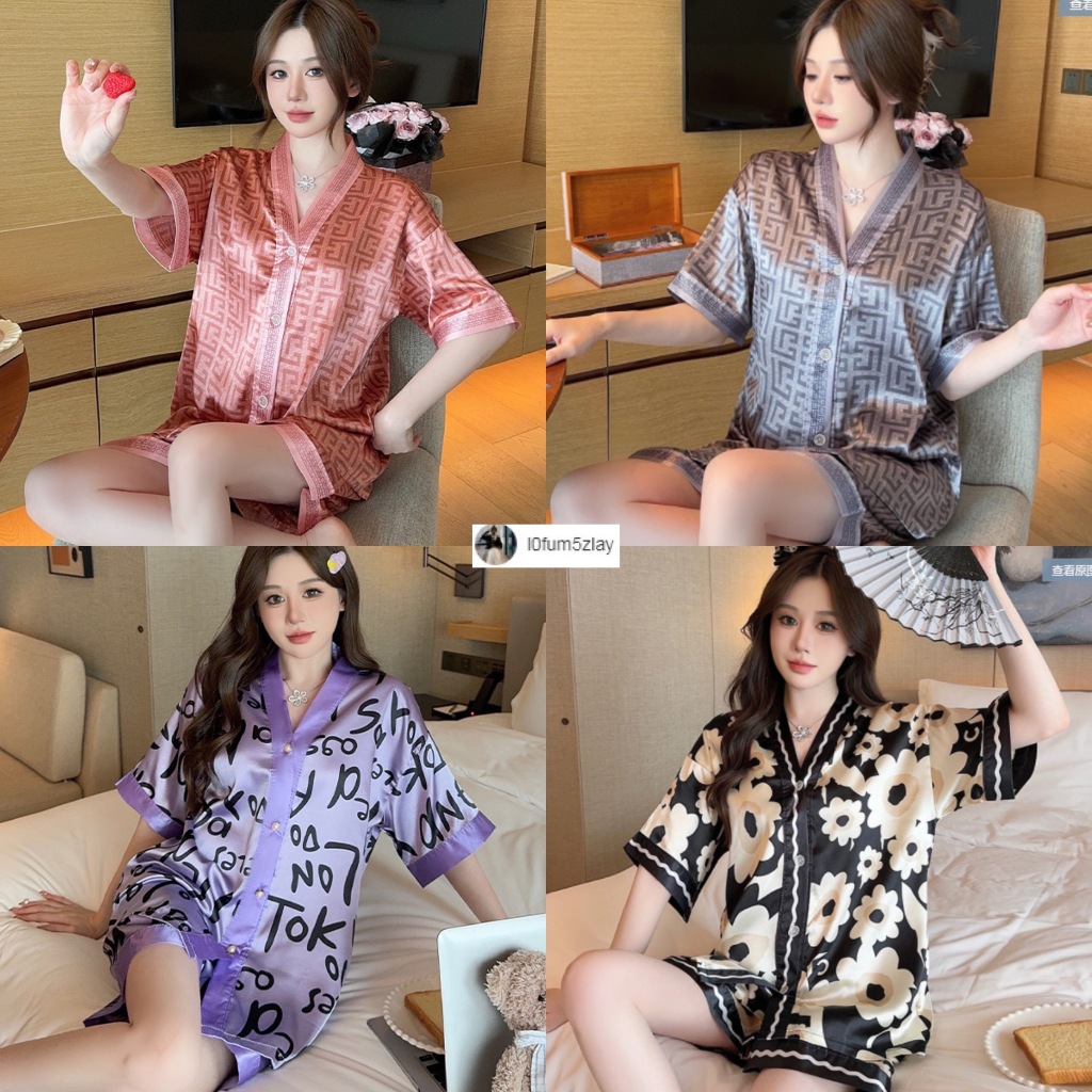 🌺M-3XL ชุดนอนผู้หญิงl0fum5zlay， ชุดนอนผ้าไหมน้ําแข็งสําหรับผู้หญิง， คอวีสวย， ซึ่งมีหลายแบบให้เลือก， ขาสั้น+เสื้อ
