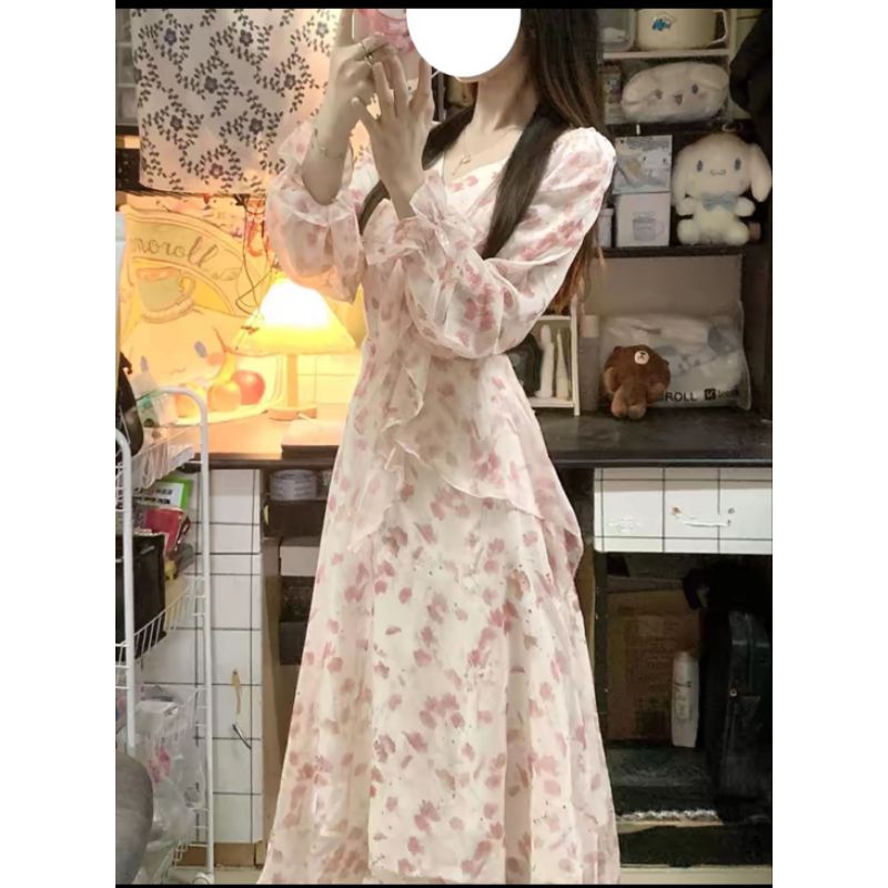 เดรสยาวลายดอก นำเข้าสไตล์เกาหลี S-XL