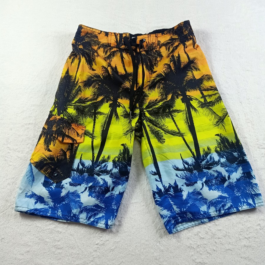 กางเกงผ้าแห้งเร็ว ขาสั้น HANG TEN Mens Medium Board Shorts Swim Trunks Palm Print Multicolor W27