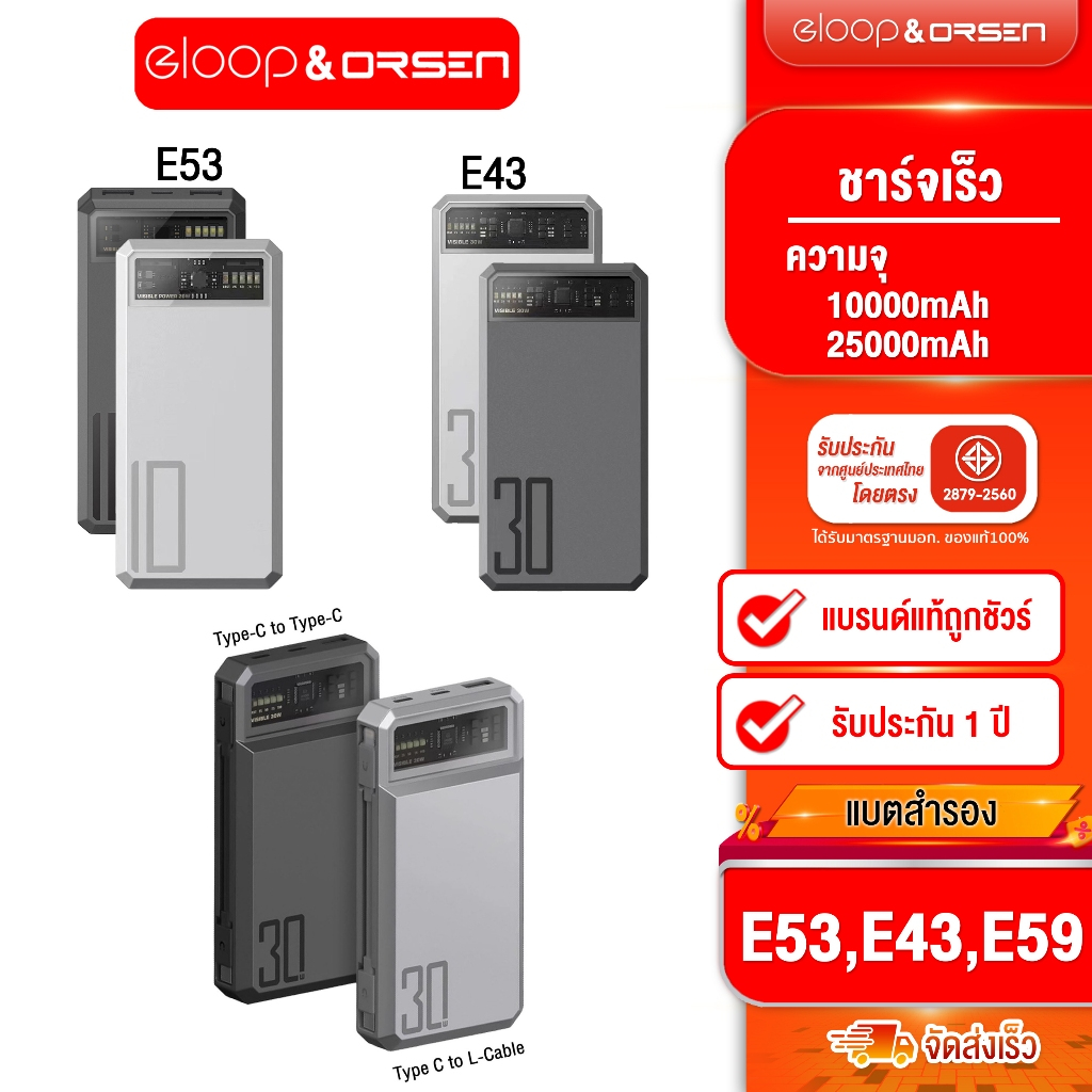 [ติดตาม รับส่วนลด] Orsen by Eloop E53 E59 E43 แบตสำรอง 10000/ 20000 /25000 mAh PowerBank In-Out Type C