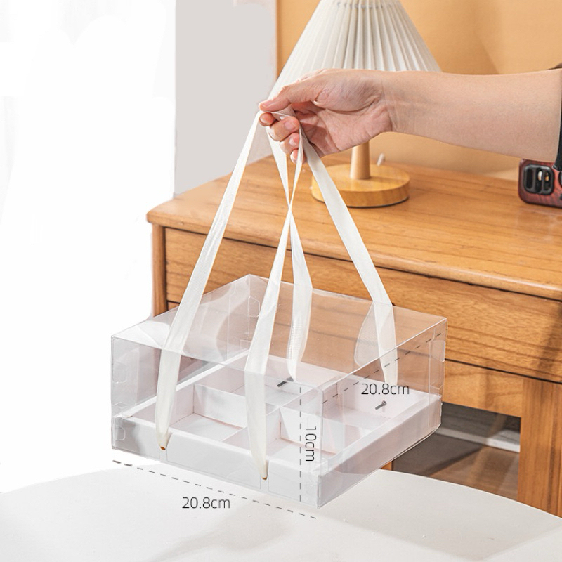 กล่องเค้กเหลี่ยม 4 ชิ้น 6 ชิ้น  กล่องขนม  กล่องเบเกอรี่ฐานขาวฝาครอบPVC หูหิ้ว (ชุด 5ใบ) BX3 - รูปที่ 7