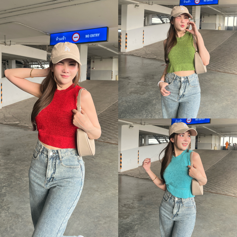 SpinnyHouse เสื้อครอปแขนกุด ผ้าไหมพรมทอบางใส่สบาย ยิดเยอะ สไตล์ KOREA ม้ากแม่ รุ่น SF