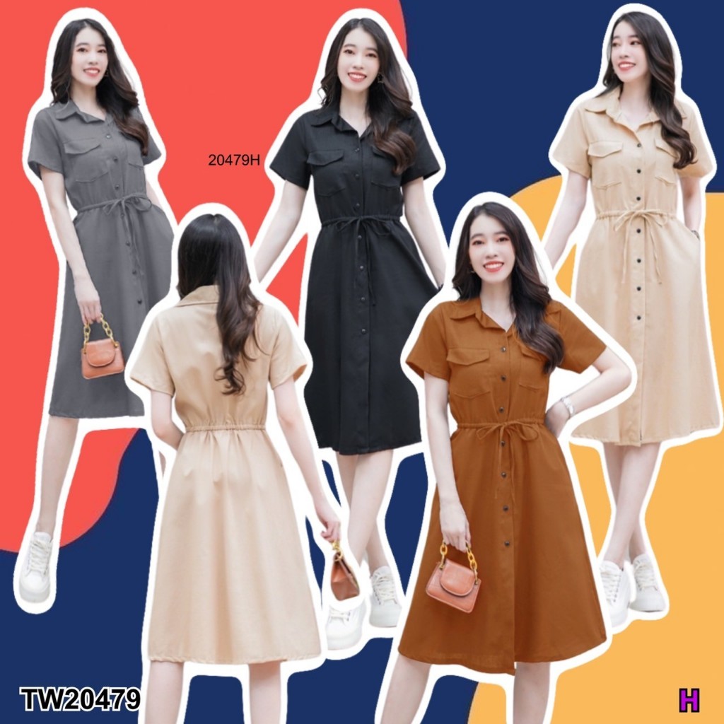TwinsShopVip พร้อมส่ง TW20479 เดรสแขนสั้น กระดุมหน้า เอวรูดเชือก