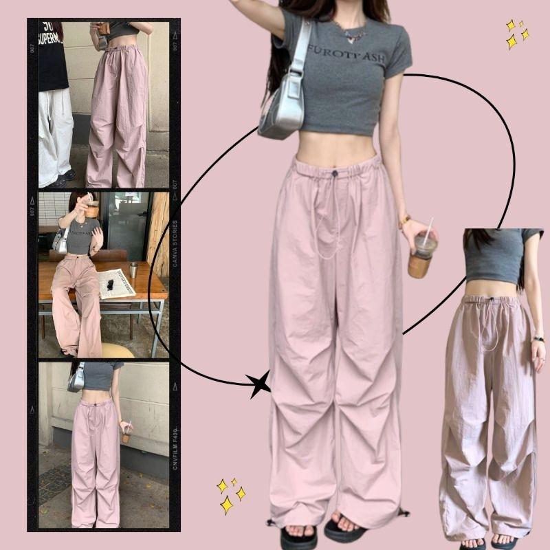 Gang_jeans #K04 (โค้ด GANGAPR ลด 45.-)กางเกงขายาวคาร์โก้ Y2K เอวต่ำ เชือกรูด ผ้าร่มเนื้อดีสวมใส่สบาย