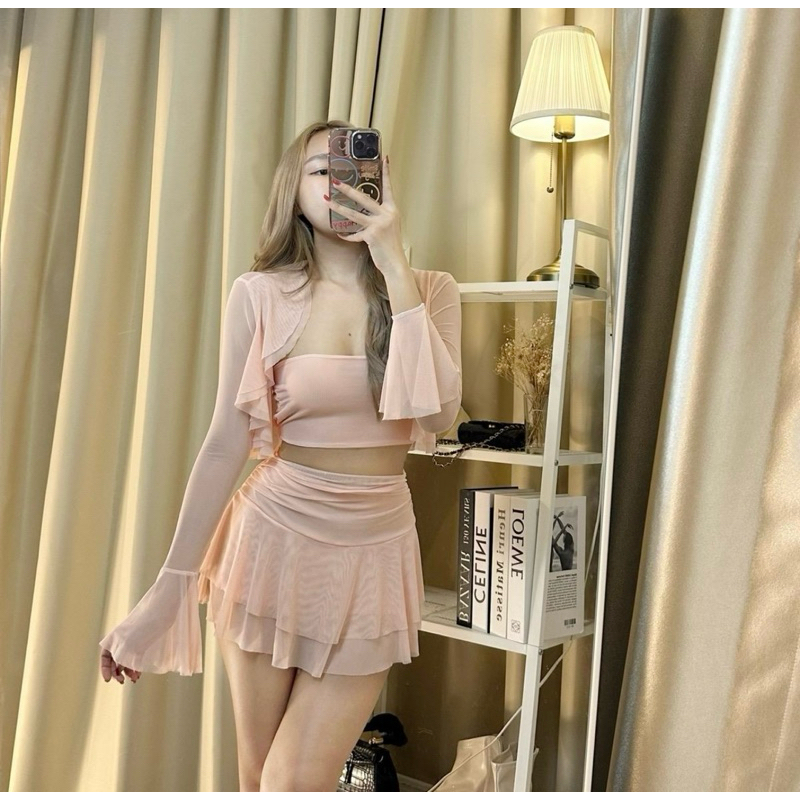 Pixxy set ชุดเซ็ท3ชิ้น เกาะอก กระโปรง คลุม ผ้าชีฟอง นุ่มๆ ไม่บาดผิว สวยลูกคุณสุดๆ