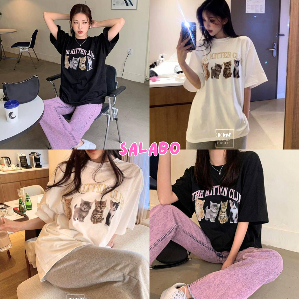 SALABO(พร้อมส่ง)🐱เสื้อยืดคอกลม🐱 Oversize แขนสั้นทรงหลวม สกรีนลายแมว เท่ๆ Unisex 🐱 #C005
