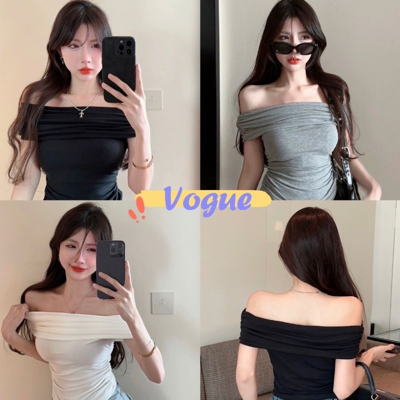 Vogue พร้อมส่ง เสื้อเปิดไหล่ ผ้าทิ้งตัว ดีเทลย่อยใส่สบาย (FY831) -H