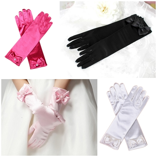 ถุงมือเด็กออกงาน สีขาว สีแดง สีดำ สีชมพู สีชมพูบานเย็น หรือใช้ในการแสดง แบบกึ่งยาว ติดโบว์และมุกน่ารัก ยืดได้