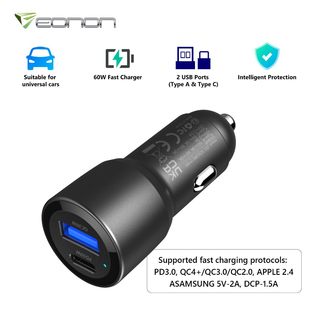 Eonon 60W Car Cigarette Lighter to USB-A/Type-C Fast Charging Adapter for iPhone 15 Samsung A300