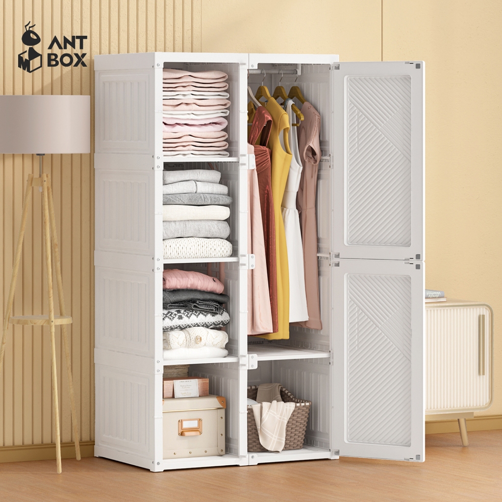 ANTBOX ตู้เสื้อผ้า 8 ช่อง ขนาด 120cm สีขาว ชั้นใส่เสื้อผ้า เอนกประสงค์ พลาสติกแข็ง พับเก็บได้ ประหยัดพื้นที่ ประกอบง่าย