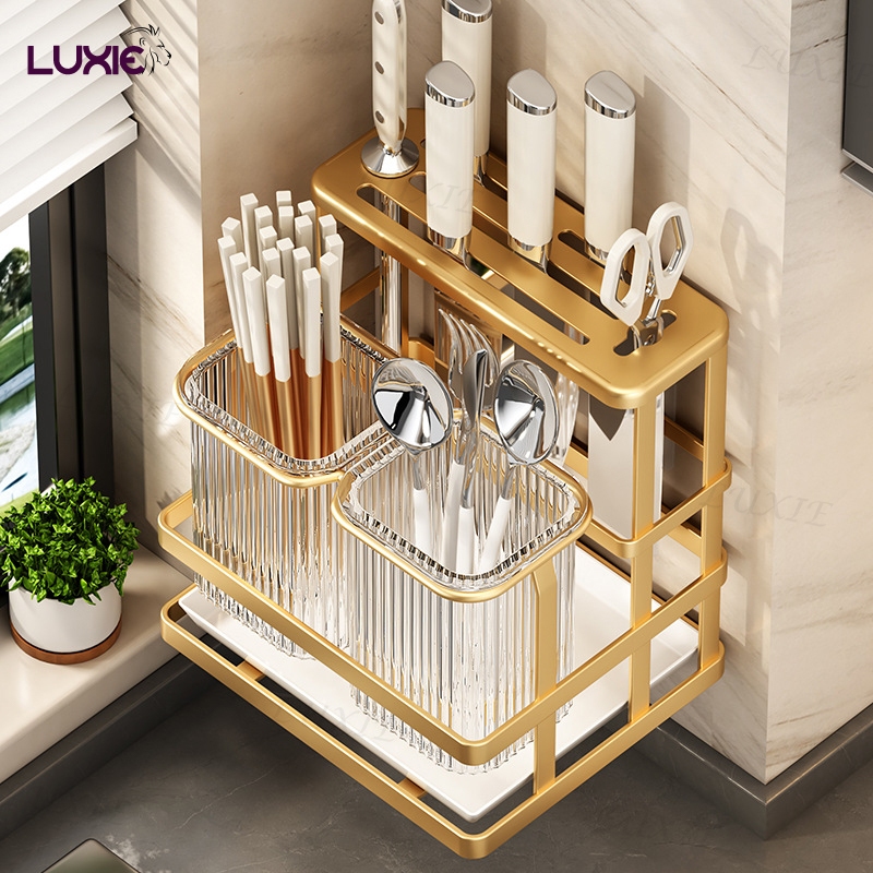luxie2021 H564 ที่ใส่ตะเกียบ ที่ใส่ช้อนส้อม แบบติดผนังที่เก็บช้อนส้อม+ที่วางมีด ระบายได้ ป้องกันโรคราน้ำค้าง