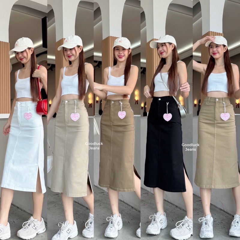 พร้อมส่ง ɴᴇᴡ ɢᴏᴏᴅɢɪʀʟs sɪᴅᴇ ᴄᴜᴛ กระโปรงยีนส์ยาว ผ่าข้าง ผ้ายีนส์ยืด เอวสูง