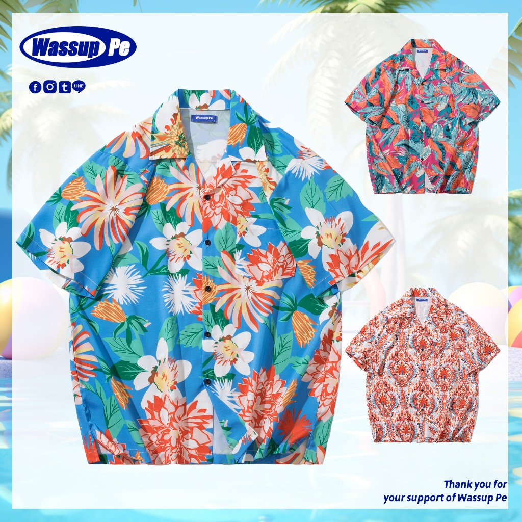 เสื้อเชิ้ตฮาวาย แขนสั้น พิมพ์ลายดอกไม้ ทรงหลวม แบบเรียบง่าย ขนาดใหญ่ เหมาะกับฤดูร้อน สําหรับผู้ชาย 2024/Wassuppee