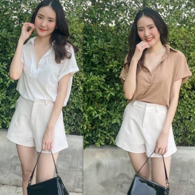 เสื้อเชิ้ตแขนสั้นคอปกทรงแขนเบิ้ลผ้าสลาฟบางเบา