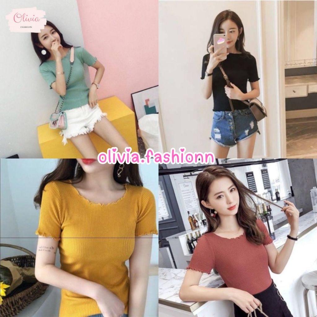 Olivia เสื้อไหมพรมแขนหยัก เข้ารูปใส่สบาย ผ้านิ่มยืดหยุ่นสูง น่ารักมาก (พร้อมส่ง) #9915