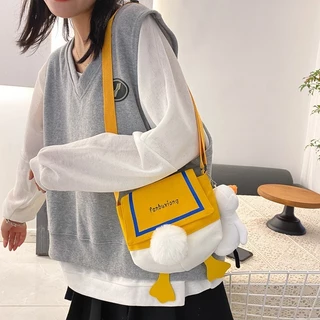 (พร้อมส่ง)Su163กระเป๋าสะพายไหล่ ผ้าแคนวาส ลายการ์ตูนเป็ดน่ารัก อินเทรนด์ สำหรับสตรี