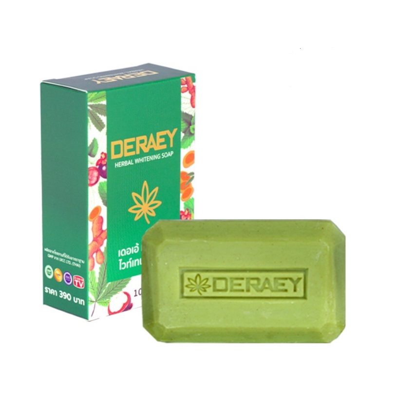 Deraey เดอเอ้ เฮอร์เบิล ไวท์เทนนิ่ง โซป ขนาด 100 กรัม 1 ก้อน แถมฟรี ถุงตีฟอง 1ใบ