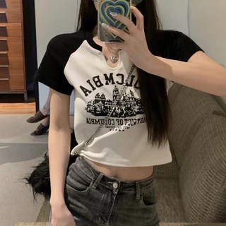 พร้อมส่ง🖤 เสื้อครอปเเขนสั้น คอกลม ดีเทล u COLOMBIA น่ารัก ใส่สบาย