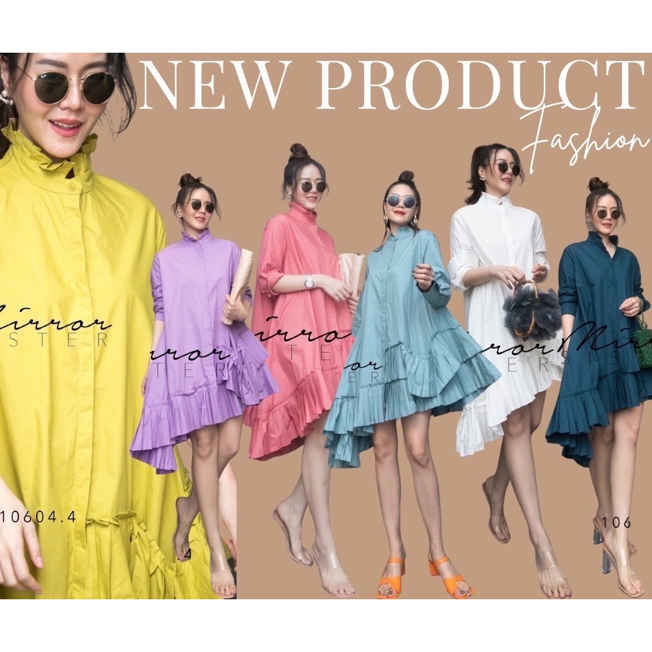 ป้าย Mirrorsister 10604.4 เดรสเชิ้ตคอจีนแต่งกุ๊นระบายช่วงชายเฉียงสโลป กระดุมผ่าเปิดปิดได้ตลอดทั้งลำตัว