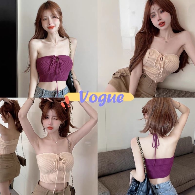 Vogue พร้อมส่ง เสื้อเกาะอกไหมพรม ใส่ได้2แบบ คล้องคอเก๋ๆ (11565)