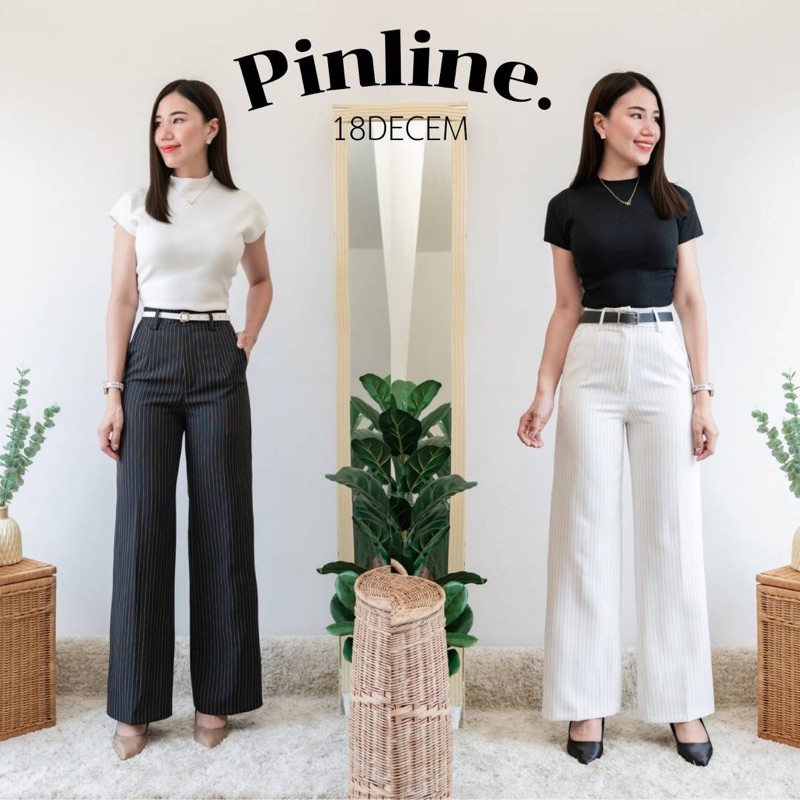 [18decem] กางเกงผ้าเอวสูง ทรงกระบอก กางเกงทำงาน ผ้าลายริ้ว (S-2XL)