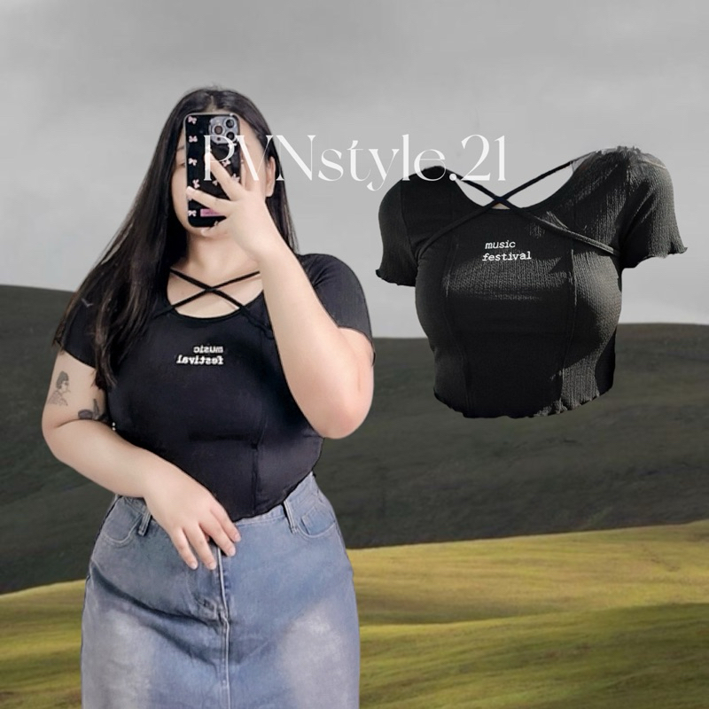 เสื้อครอปแขนสั้นสาวอวบ-พลัสไซส์ อก 34-46