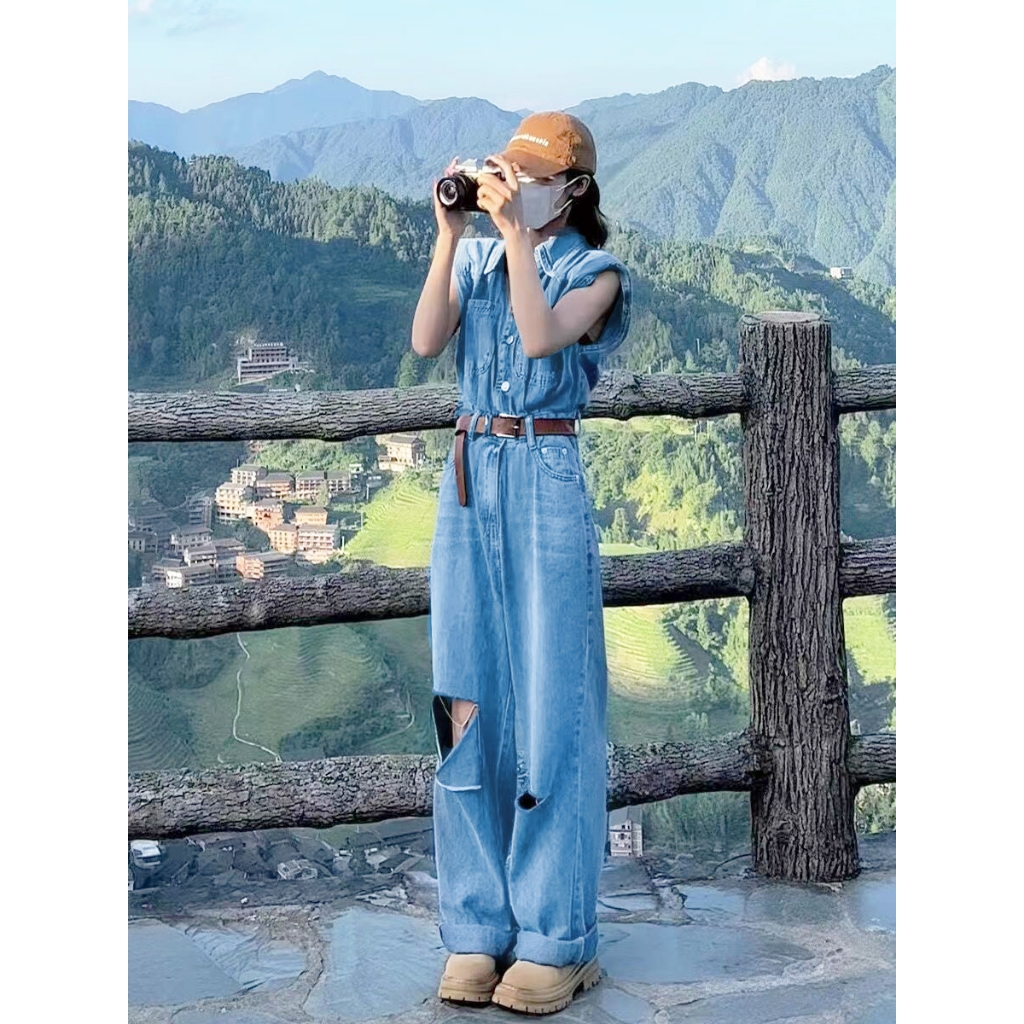 F63  ชุดแซกยีนส์ แบบกางเกง  ผ้ายีนส์นิ่ม  ใส่สบาย