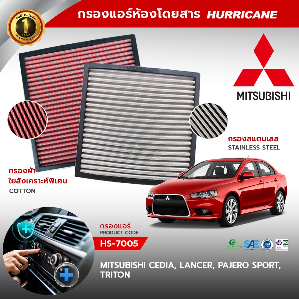 HURRICANE กรองแอร์ผ้าแดง & สแตนเลส Mitsubishi ( Cedia , Lancer , Pajero , Triton ) HS-7005