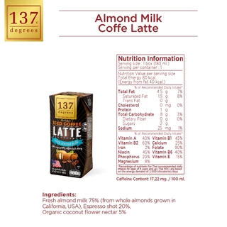 (ยกลัง)137 ดีกรี นมอัลมอนด์ สูตรกาแฟลาเต้ ขนาด 180ml x pack of 3x12 (Almond Milk Coffee Latte 137 Degrees Brand)