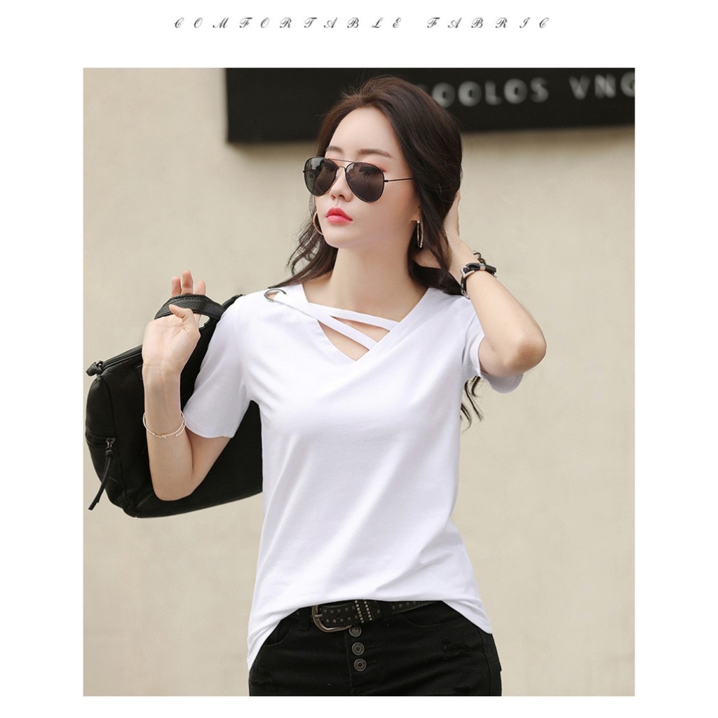 เสื้อยืดแฟชั่นผู้หญิง แขนสั้น คอวี สีพื้น ผ้านิ่ม สวมใส่บาย - รูปที่ 6