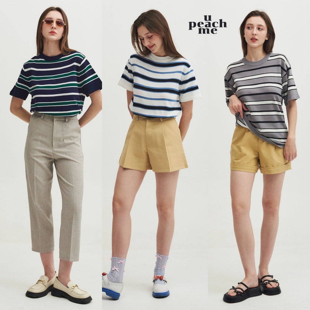 upeachme(H8) TREE STRIPED SHIRT (M-3XL) เสื้อคอกลมลายทางผ้าไหมพรม เสื้อยืดคอกลมลายทางสีพื้น เสื้อยืดไหมพรม