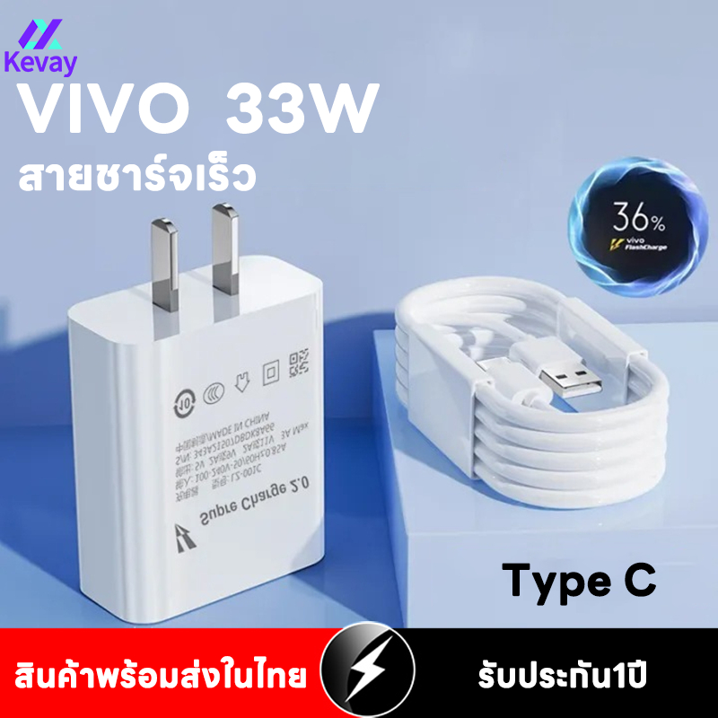 Kevay VIVO ชุดชาร์จด่วน 33W Type-c(สายชาร์จ+หัวชาร์จ)Flash charge ชาร์จไวขึ้นถึง 2 เท่า รับประกัน 1 ปี