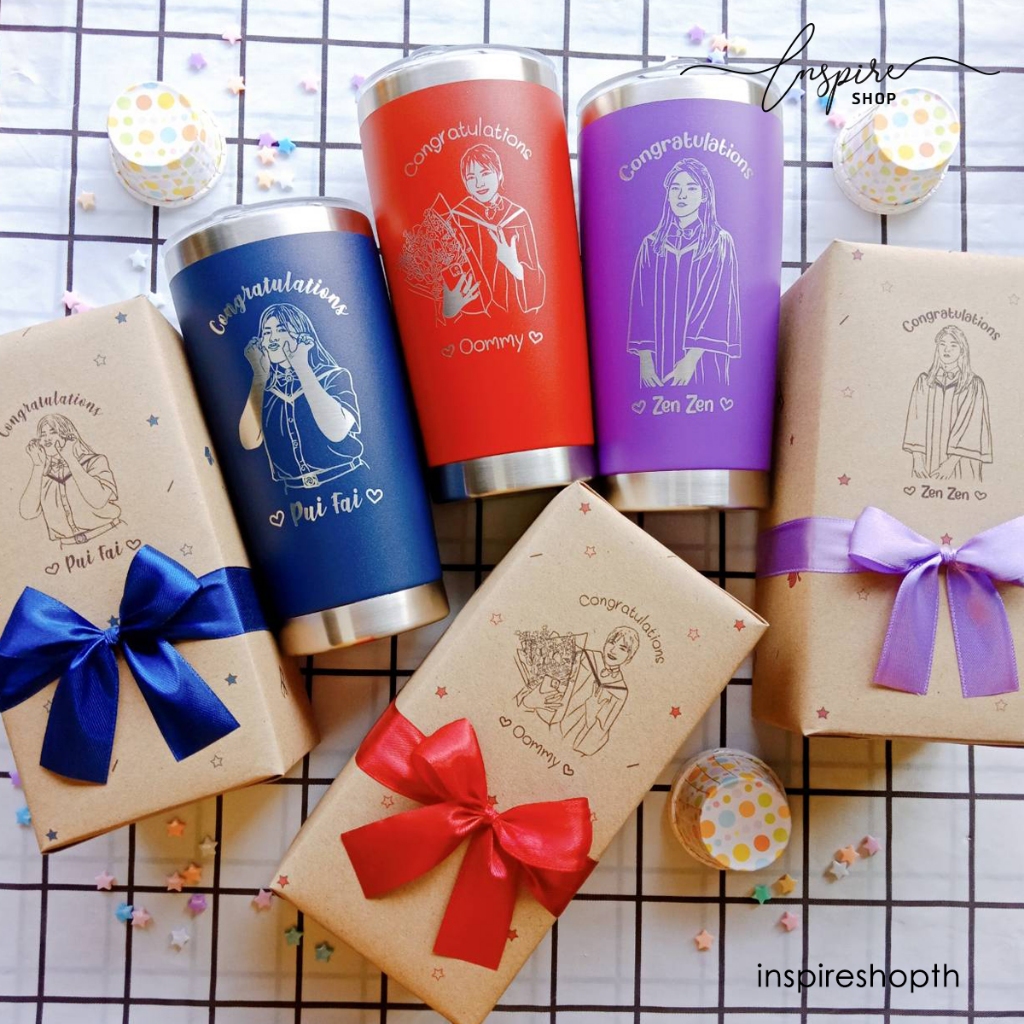 เลเซอร์รูปวาดลายเส้น (รูป+ข้อความ) แก้วเก็บความเย็น 20oz. ห่อของขวัญผูกโบว์