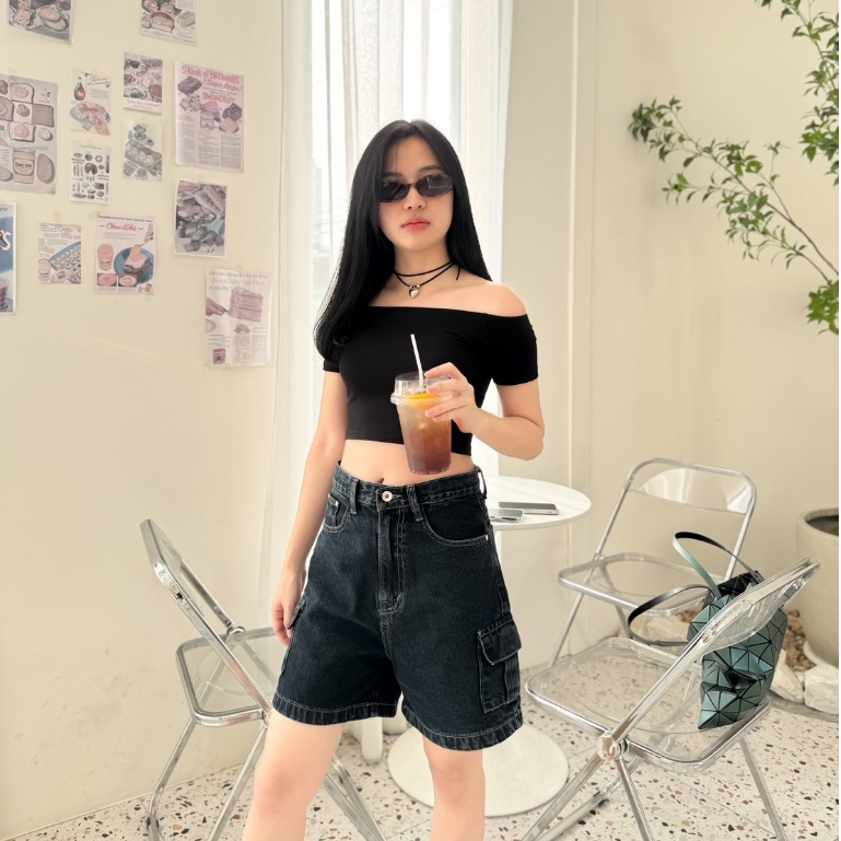 ยีนส์SARAN P11 กางเกงยีนส์ขาสั้นคาร์โก้ สีมิดไนท์