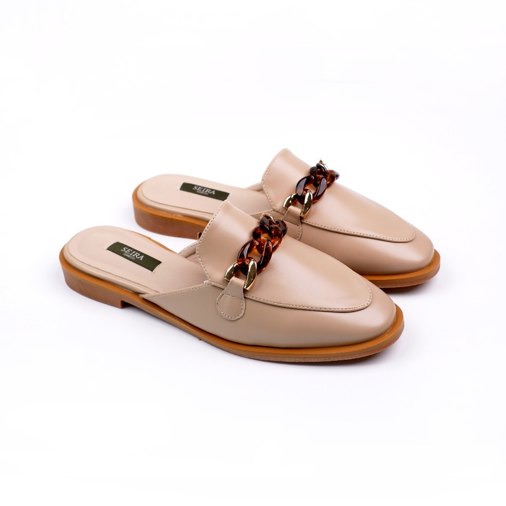 Seira - Bridge Loafers Mules รองเท้าเปิดส้น อะไหล่โซ่ สีน้ำตาล ลายกระ