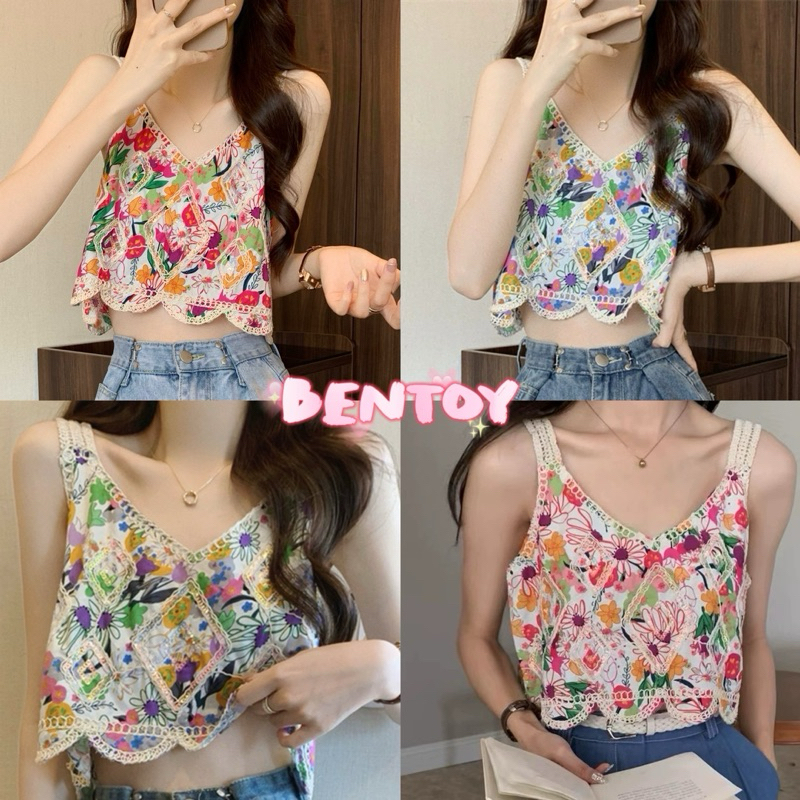 Bentoy(H104)เสื้อสายเดี่ยวลายดอก หน้าวี ขอบลูกไม้ น่ารัก สายเกาหลีมาก