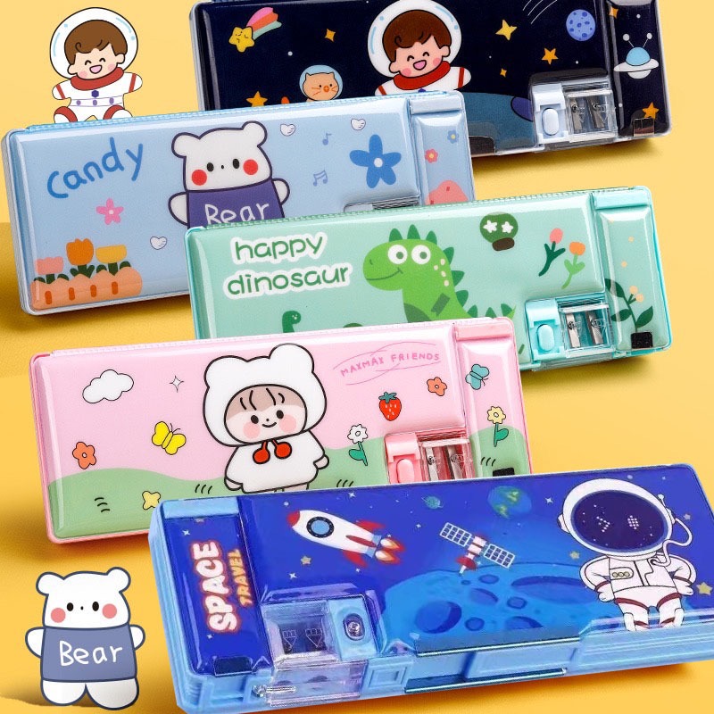 พร้อมส่งกล่องดินสอกดปุ่ม กล่องดินอเนกประสงค์ ลายน่ารัก พร้อมกบเหลาและช่องเก็บของ