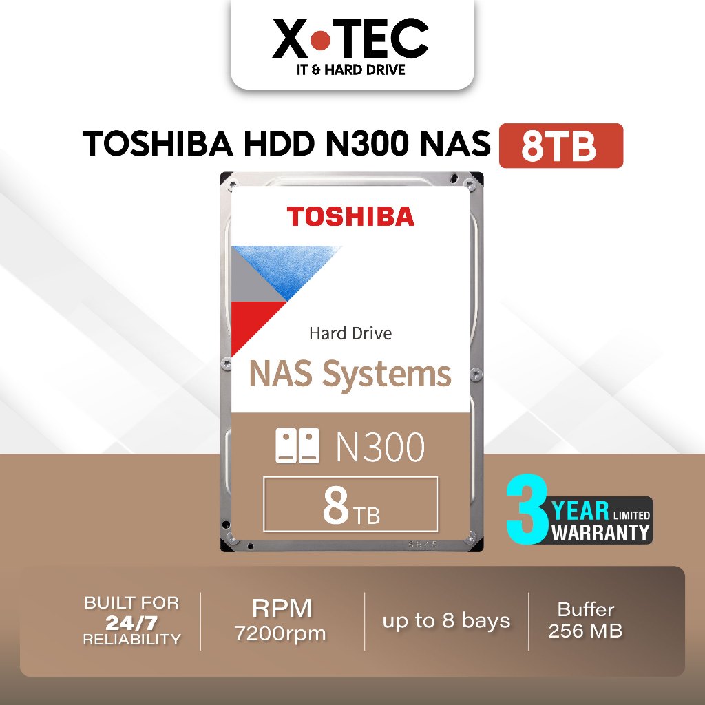 Toshiba NAS HDD Internal 3.5"8TB (N300) 24x7 operation 7200RPM 256MB Internal Harddisk  TSB-HDWG480A