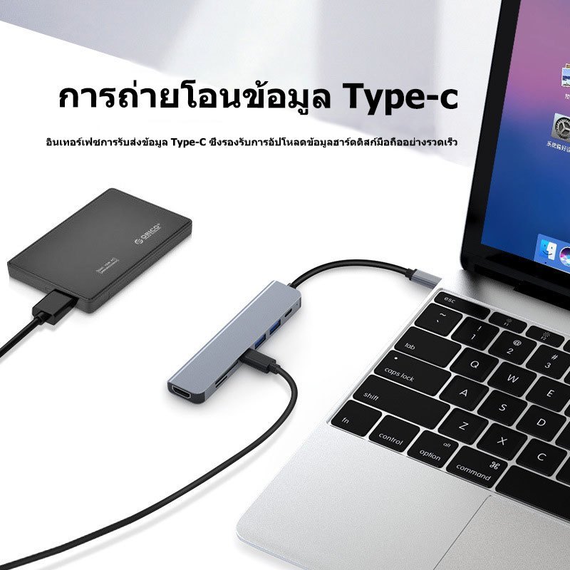 อะแดปเตอร์ฮับ Type C 7-in-1 HUB เป็น USB 3.0 + USB + HDMI 4K + USB-C + PD + เครื่องอ่านการ์ด SD / TF