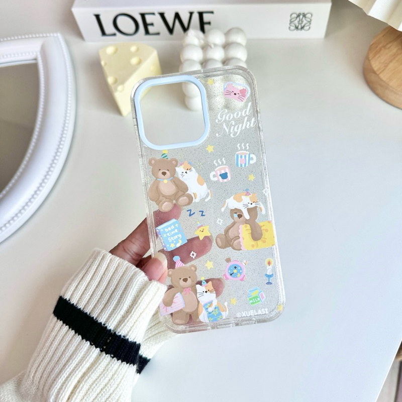 เคสใสกากเพชรสกรีนลายน้องหมีแมวกู้ดไนท์ เคสไอโฟน พร้อมส่ง เคสสำหรับ IPHONE CASE 11-15PROMAX