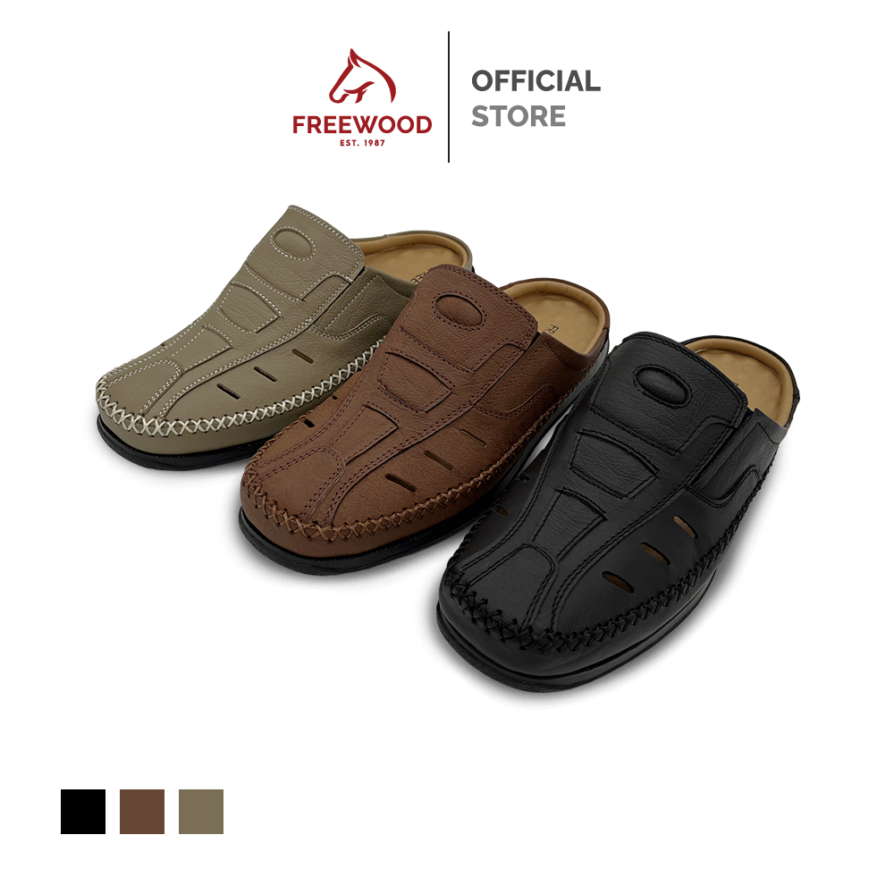 FREEWOOD OPEN HEEL CASUAL SHOES รองเท้าลำลองผู้ชาย หนังแท้ แบบเปิดส้น รุ่น 79-6251 สีดำ / สีน้ำตาล / สีเผือก