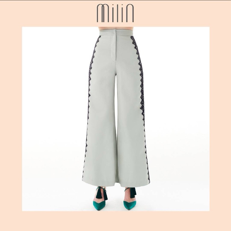 กางเกง ขายาว เอวสูง Brand Milin ขากว้าง สีเขียว แต่งผ้าลูกไม้ Cai Yuan Pants Size XS