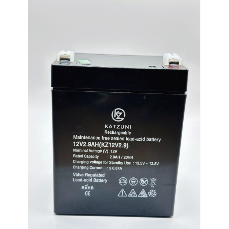 KATZUNIRechargeable
Maintenance free sealed lead-acid battery
12V2.9AH(KZ12V2.9)
Nominal Voltage (V) :12V
: 2.9AH / 20HR