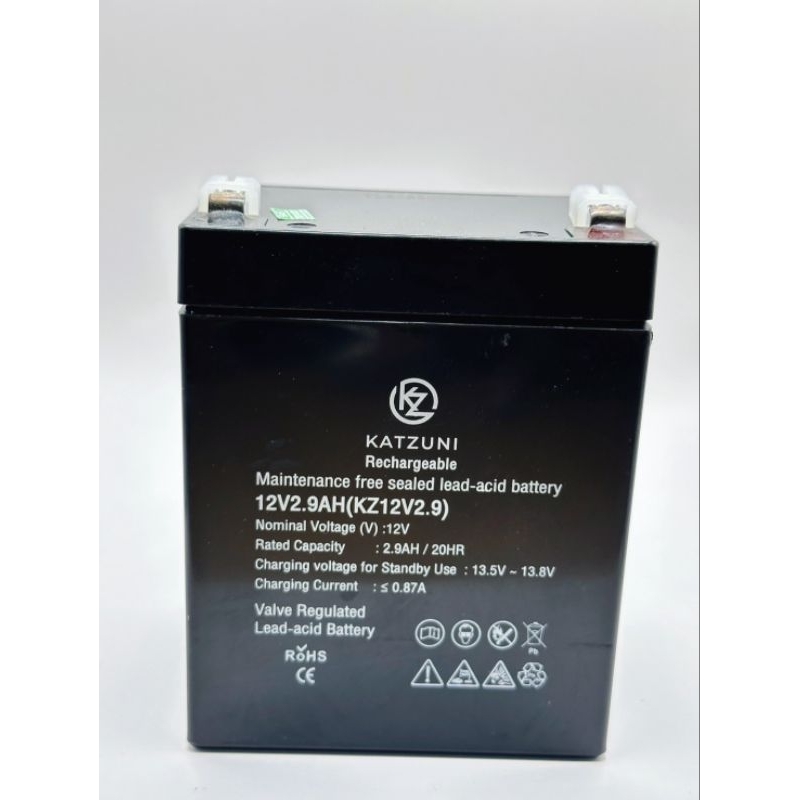 KATZUNIRechargeable
Maintenance free sealed lead-acid battery
12V2.9AH(KZ12V2.9)
Nominal Voltage (V)