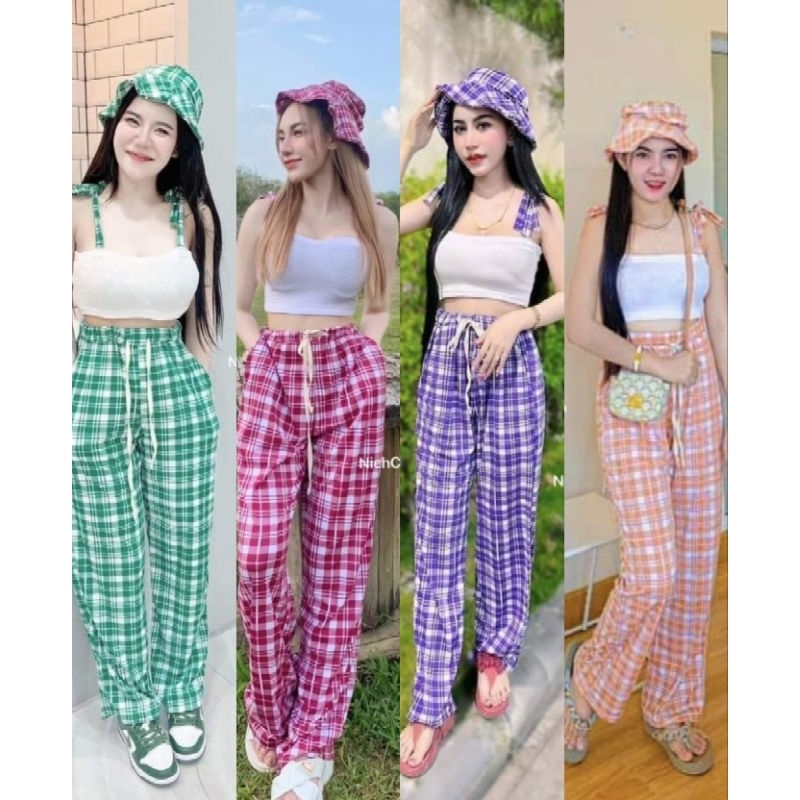 พร้อมส่ง Set 3ชิ้น เสื้อสานเดี่ยวผูกสายปรับระดับได้, กางเกง , หมวก ภาพงานจริงทั้งหมด