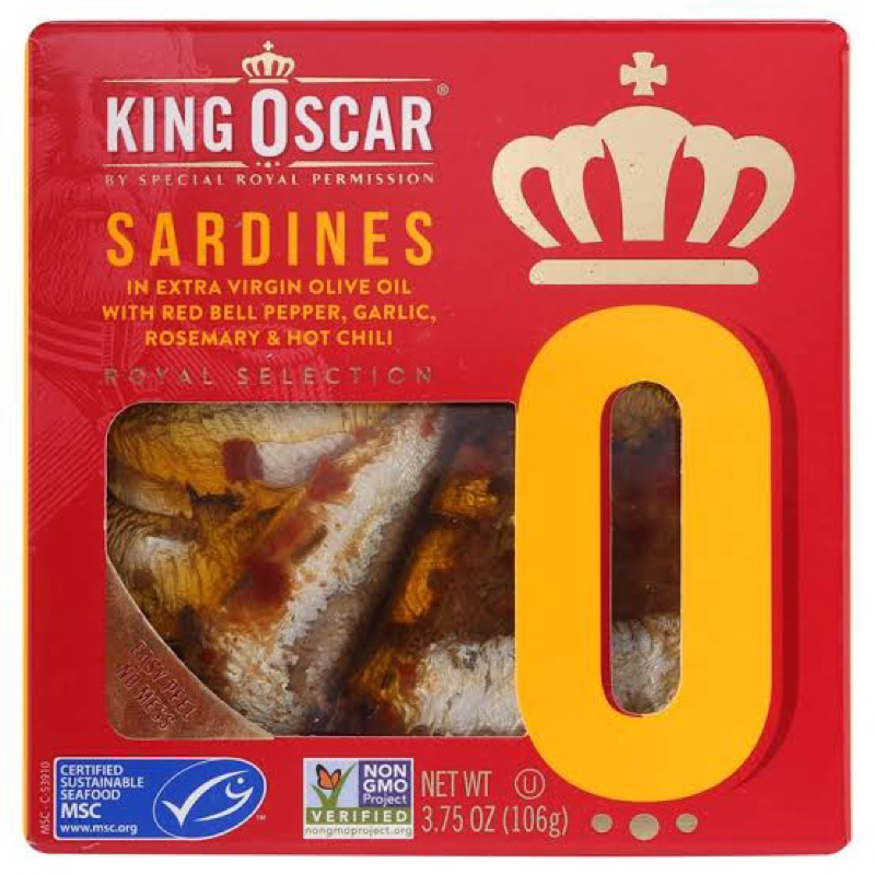 King oscar sardines in extra virgin olive oil royal selection 106g. fl ปลาซาร์ดีนในน้ำมันมะกอก ผสม พ