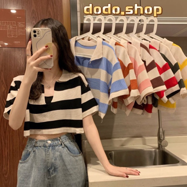 DODO🌟พร้อมส่ง🌟เสื้อครอปคอปกแขนสั้นไหมพรม ลายทางสีสวย แนวน่ารักมาก（5958-1）