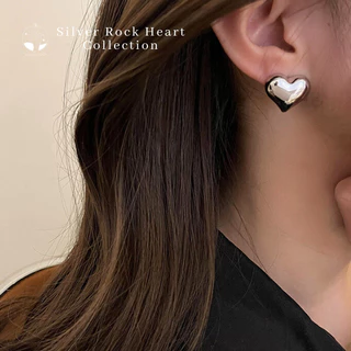 MNL💗ต่างหูหัวใจสีเงิน Silver Rock Heart แบบแป้น เครื่องประดับแฟชั่น เงินแท้ ผู้หญิง ใส่ออกงาน ใส่เที่ยว ของขวัญ