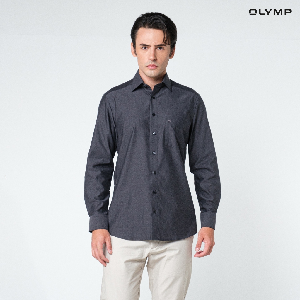OLYMP LUXOR Shirt เสื้อเชิ้ตชาย สีเทาเข้ม ทรงหลวม ใส่สบาย รีดง่าย NOSLUX