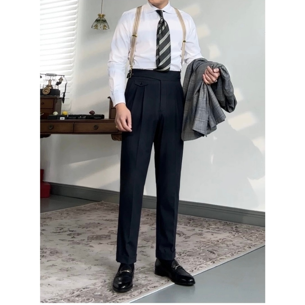 กาเกง Gurkha pants สีกรมท่าเข้ม Stripe ลายเส้น เข็มขัด2ด้าน เรียบหรู